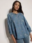 Apricot Blusentop Denimbluse mit Blumenstickerei mit Blouson&auml;rmeln blau XS (34)