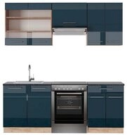 Vicco K&uuml;chenzeile Fame-Line, Dunkelblau Hochglanz/Goldkraft Eiche, 200 cm, AP