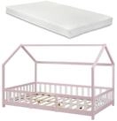 en.casa Kinderbett, &raquo;Sisimiut&laquo; Hausbett mit Matratze 140 x 200 cm Rosa / Wei&szlig;