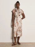 Apricot Midikleid Satinkleid (mit Bindeband) mit Blattmuster und Bindeband