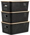 relaxdays Aufbewahrungsbox mit Bambusdeckel im Set (3 St), schwarz, 3er-Pack