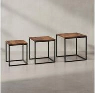 KADIMA DESIGN Satztisch Satztisch 3er Set Massivholz Metall Beistelltisch Eckig