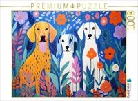 CALVENDO Puzzle CALVENDO Puzzle Drei Hunde sitzen zwischen Blumen im Garten,...