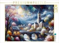 CALVENDO Puzzle CALVENDO Puzzle Alte Dorfkirche am Abend, mit Fluss und