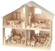 Pebaro 3D-Puzzle Holzbausatz Puppenhaus mit M&ouml;beln, 880, 252 Puzzleteile