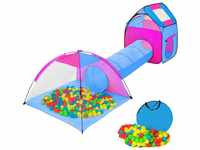 TecTake Würfel Pyramide Kinderzelt mit Tunnel + 200 Bälle + Tasche pink-blau