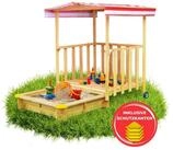 Coemo Sandkasten, Spielhaus aus Holz f&uuml;r drau&szlig;en mit Veranda, Sonnendach...