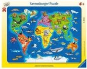 Ravensburger Puzzle Weltkarte mit Tieren. Rahmenpuzzle 30 Teile, 30 Puzzleteile