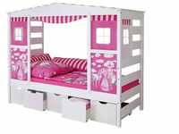 Ticaa Hausbett Hausbett mit Bettkasten "Horse Rosa" Kiefer Weiß (Set