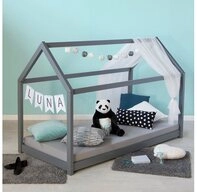 Homestyle4u Hausbett 90 x 200 cm Kinderhaus Grau Kinderbett Bodenbett Kiefer (Set,
