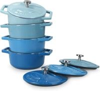 Navaris Serviertopf Navaris Mini Cocotte Set, 4 Gusseisen T&ouml;pfe mit Deckel, Blau