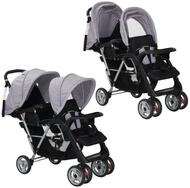 vidaXL Kombi-Kinderwagen Zwillingswagen Karre Kinderwagen Buggy Stahl Grau und