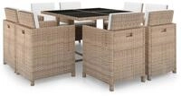 vidaXL Garten-Essgruppe 9-tlg. Garten-Essgruppe mit Auflagen Poly Rattan Beige,