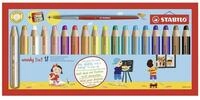 STABILO Wachsmalstift Buntstift Woody 3 in 1 / 18er Kartonetui mit Spitzer und