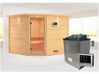 Karibu Sauna "Leona" mit Klarglastür und Kranz Ofen 9 KW externe Strg modern,...