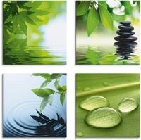 Artland Leinwandbild Bl&auml;tter Wasser Zen Steinpyramide Tropfen, Zen (4 St), 4er...