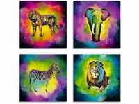 Artland Leinwandbild Farbexplosion Elefant Löwe Zebra Tiger, Wildtiere (4 St),...