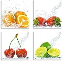Artland Leinwandbild Fr&uuml;chte mit Spritzwasser, Lebensmittel (4 St), 4er Set,