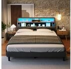 Flieks Polsterbett, LED-Beleuchtung Doppelbett mit Stauraum 140x200cm Leinen