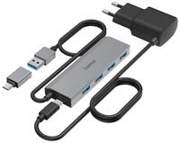 Hama USB Hub mit Netzteil und Adapter grau, 4 Ports mit USB C und USB Typ A