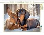CALVENDO Puzzle Dackel und Rehkitz kuscheln im verschneiten Winterwald 1000...
