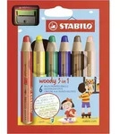 STABILO Buntstift, Wasserfarbe & Wachsmalkreide - woody 3 in 1 - 6er Pack mit Spitzer