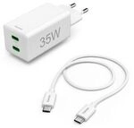 Hama Schnellladeger&auml;t + Kabel, 2x USB-C, PD/QC, Mini-Ladeger&auml;t, 35W, 1 m, Wei&szlig;