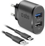 SBS Netzlader, 2x USB-A, 10W, inkl. 1m USB-C-Kabel