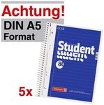 Brunnen 5x Collegeblock &raquo;Student Kleinformat&laquo; A5 liniert blau