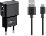 goobay Ladekabel mit Adapter 2 x USB A, Steckdose 1.0 m schwarz