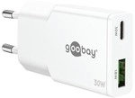 goobay Dual-Schnellladeger&auml;t GaN Slim 1x USB-C (PD) / 1x USB-A (QC) 30 W wei&szlig;