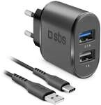 USB-Reiseladeset mit USB-C-Kabel, USB-A, 2.1A, Schwarz