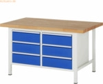 Rau Werkbank 1500x900x840-1040mm 6xSchublade-TA lichtgrau/enzianblau