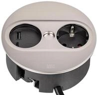 Bachmann TWIST 2 Tischsteckdose 1x Schuko, 1x USB-A/-C Charger, Edelstahl, rund - 2 m