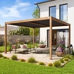 PRIMEYARD 4x4m Pergola in Holzoptik; mit Lamellendach in perlgrau - (400131)