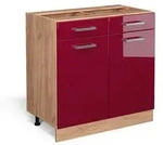 Vicco K&uuml;chenunterschrank, Rot, Honigeiche, Holzwerkstoff, 1 F&auml;cher, 2...