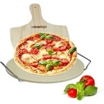 Relaxdays Pizzastein, Hellbraun, Stein, Metall, Holz, 32x4x32 cm, Grills &