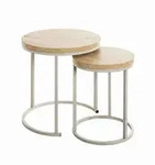 Beistelltischset, Grau, Eiche, Metall, Holzwerkstoff, 2-teilig, rund, Flachrohr,