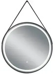 Boxxx Leuchtspiegel, Schwarz, Glas, Echtleder, rund, 60x60x4 cm, senkrecht