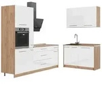 Vicco K&uuml;chenzeile, Wei&szlig; Hochglanz, Honigeiche, Holzwerkstoff, Formgebogen,