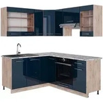 Vicco Eckk&uuml;che, Dunkelblau, Honigeiche, Holzwerkstoff, L-Form,Formgebogen,
