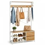 Relaxdays Garderobenst&auml;nder, Wei&szlig;, Hellbraun, Metall, Holzwerkstoff, Textil,