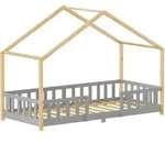 [en.casa] Hausbett, Hellgrau, Natur, Holz, Kiefer, 90x200 cm, Kinderzimmer &