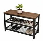 Relaxdays Schuhbank, Schwarz, Dunkelbraun, Metall, Holzwerkstoff, Kunststoff,
