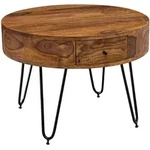 Kadima Design Couchtisch, Braun, Metall, Echtholz,Sheesham, 1 Schubladen, Rund,Rund,