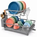 Relaxdays Geschirrabtropfgestell, Grau, Metall, Kunststoff, 47.5x34x30.5 cm, Kochen,