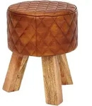 Mid.you Hocker, Braun, Holz, Echtleder, Ziegenleder, Mangoholz, massiv, rund,