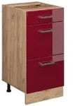 Vicco K&uuml;chenunterschrank, Rot, Honigeiche, Holzwerkstoff, 3 F&auml;cher, 3...