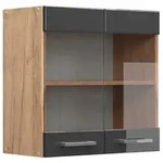 Vicco K&uuml;chenglasschrank, Schwarz Hochglanz, Honigeiche, Holzwerkstoff, 1...