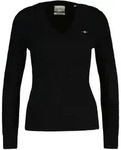 GANT Damen Cable-Strickpullover - STRETCH COTTON CABLE V-NECK, Zopfstrick Schwarz / M